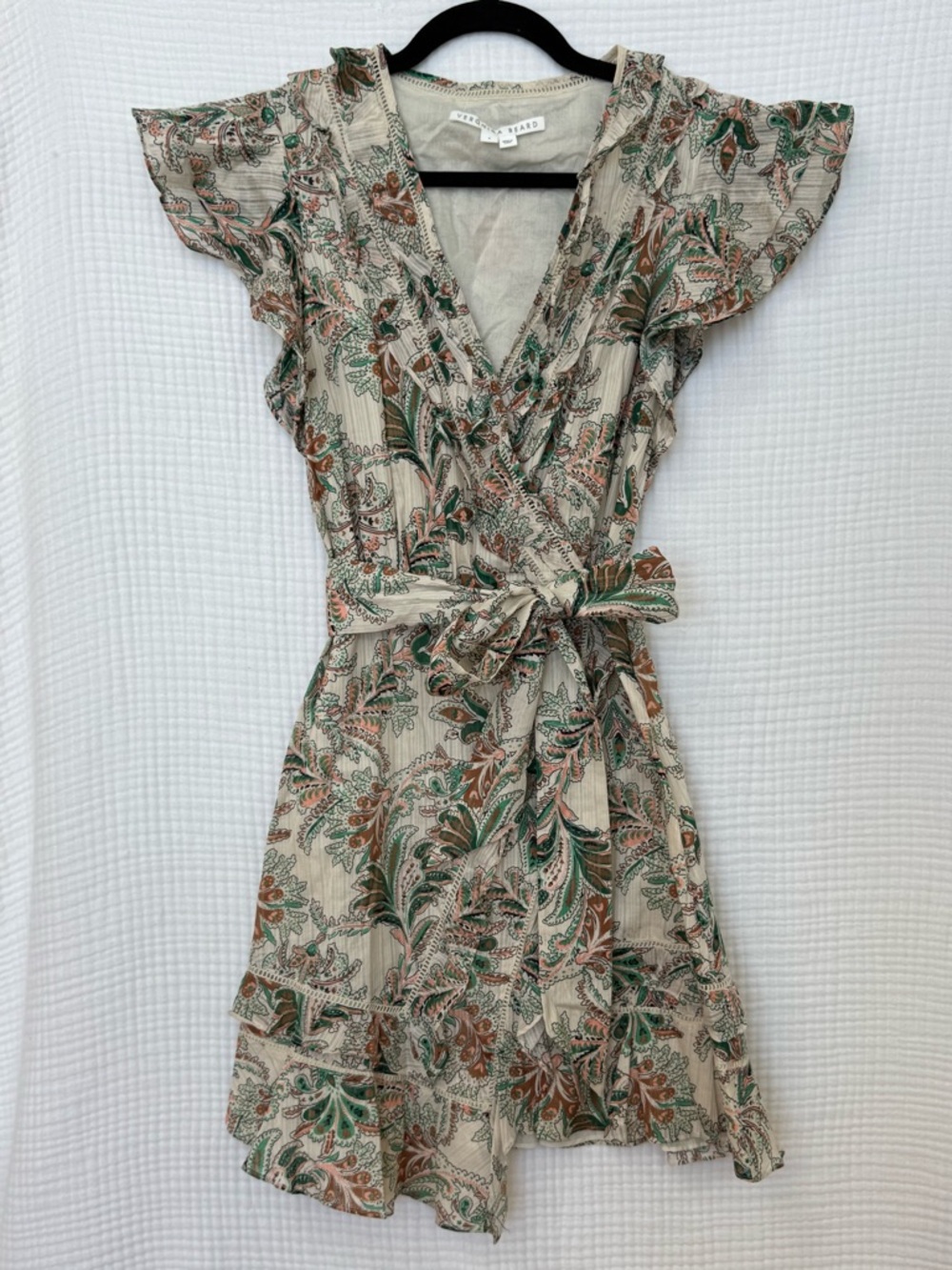 Veronica Beard Cream Floral Wrap Mini Dress with Green Accents